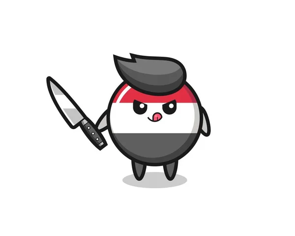 Cute Yemen Flag Badge Mascot Psychopath Holding Knife Cute Style — 스톡 벡터