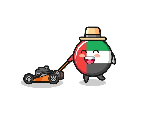 Illustration Uae Flag Badge Character Using Lawn Mower Cute Style — Stockový vektor