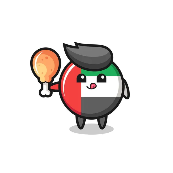 Uae Flag Badge Cute Mascot Eating Fried Chicken Cute Style — 스톡 벡터