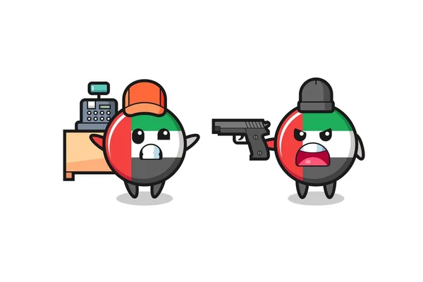 Illustration Cute Uae Flag Badge Cashier Pointed Gun Robber Cute — Stock Vector