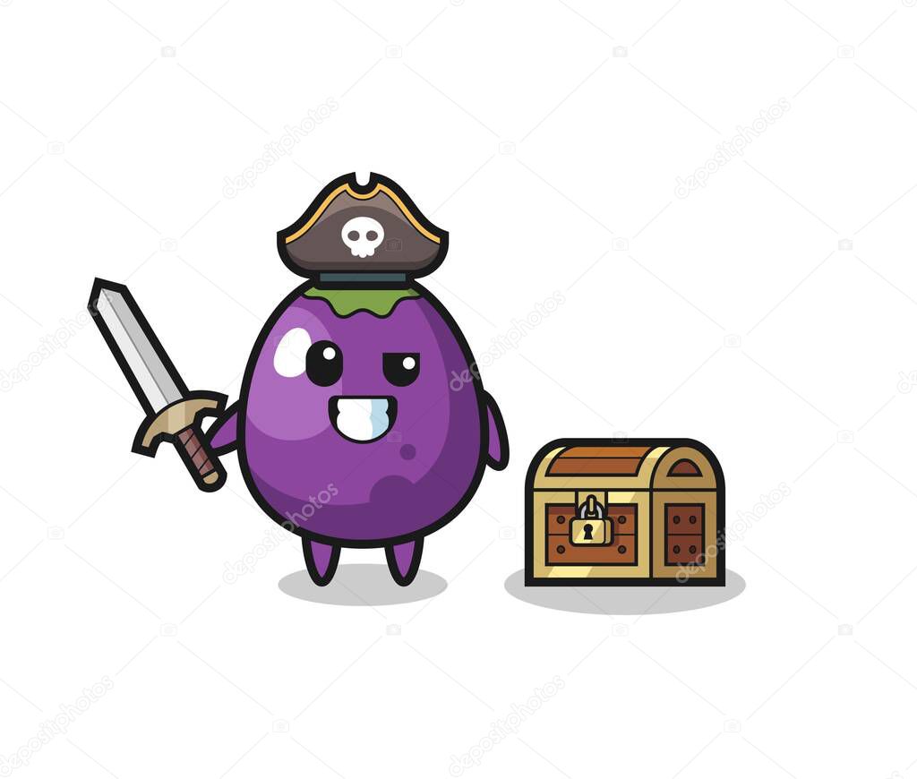 the eggplant pirate character holding sword beside a treasure box cute eggplant character is holding an old telescope