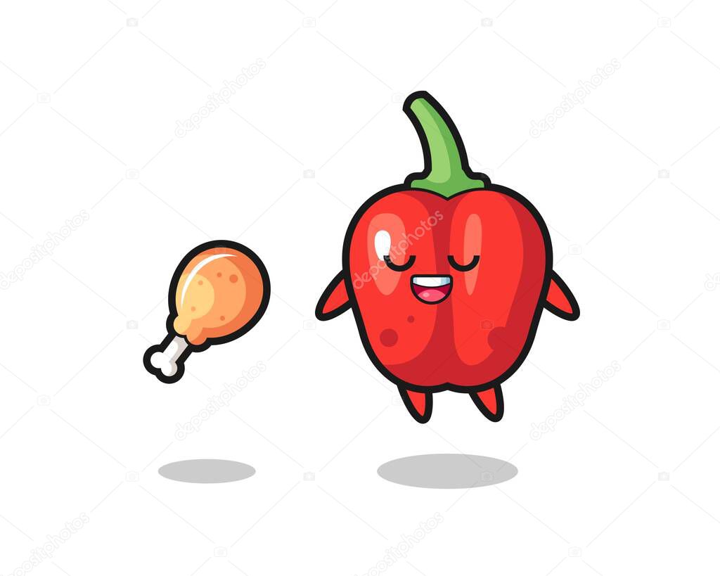 cute red bell pepper floating and tempted because of fried chicken , cute style design for t shirt, sticker, logo element