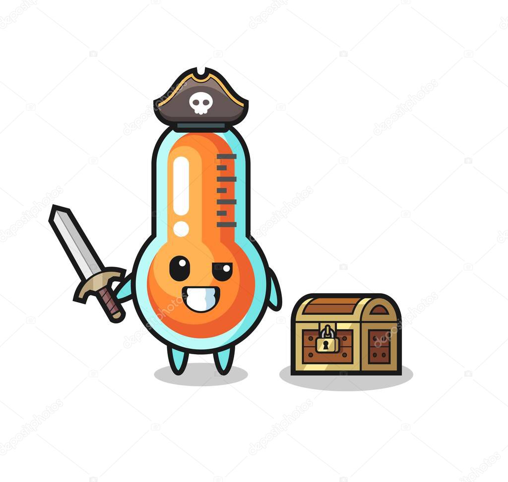 the thermometer pirate character holding sword beside a treasure box , cute style design for t shirt, sticker, logo element