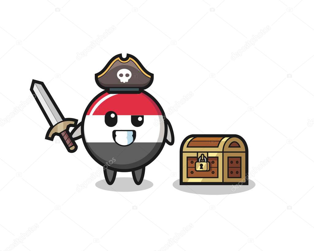 the yemen flag badge pirate character holding sword beside a treasure box , cute style design for t shirt, sticker, logo element