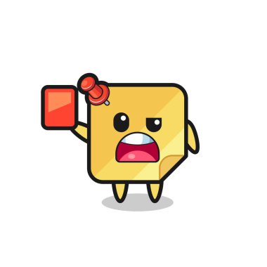 Yapışkan notlar sevimli maskot hakem kırmızı kart veriyor, tişört, çıkartma, logo elementi için şirin tasarım.