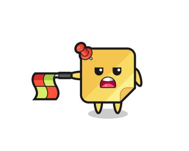 Çizgi hakemi olarak yapışkan notlar bayrağı yatay tutun, tişört, etiket, logo ögesi için şirin bir tasarım yapın