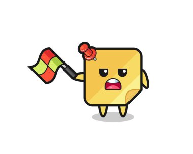 Çizgi roman yargıcı bayrağı 45 derecelik açıyla kaldırırken yapışkan notlar. Tişört, çıkartma, logo elementi için şirin bir tasarım.