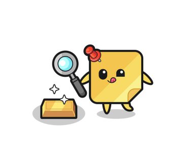 Yapışkan notlar karakteri altın külçesinin gerçekliğini kontrol ediyor, tişört, etiket, logo elementi için şirin bir tasarım.