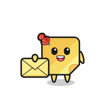 Sarı bir harf tutan yapışkan notların çizgi film çizimi, tişört, etiket, logo ögesi için şirin bir tasarım.