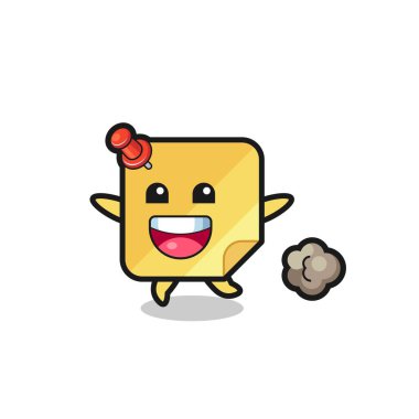 Koşu pozlu mutlu yapışkan notalar karikatürü, tişört, etiket, logo ögesi için şirin bir tasarım.