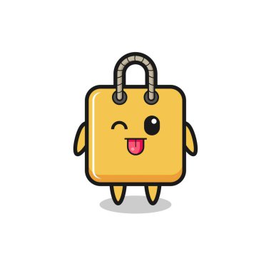 Tatlı ifadeli sevimli alışveriş çantası karakteri dilini dışarı çıkarırken, tişört, çıkartma, logo elementi için şirin tasarım