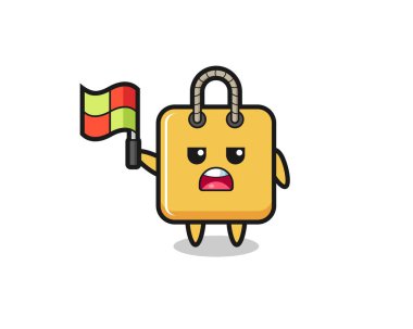 Alışveriş çantası karakteri çizgi hakimi olarak bayrağı asıyor, tişört, çıkartma, logo elementi için şirin bir tasarım.