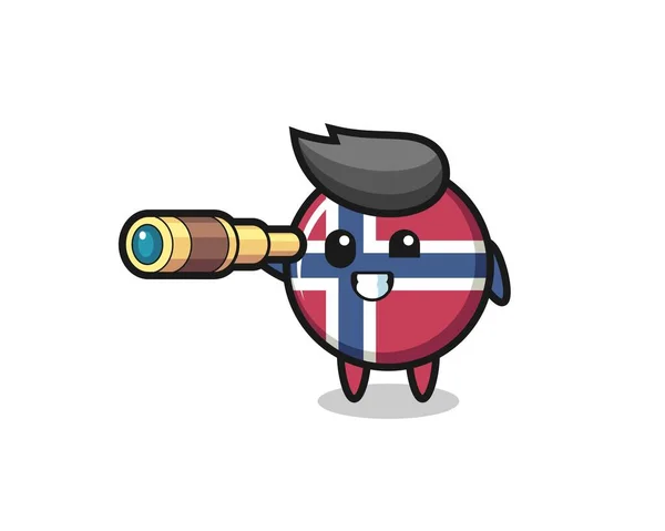 Χαριτωμένο Norway Σημαία Χαρακτήρα Σήμα Κρατά Ένα Παλιό Τηλεσκόπιο Χαριτωμένο — Διανυσματικό Αρχείο