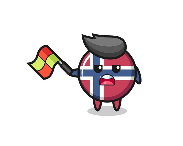 Norway Flag Badge Cartoon Line Judge Hold Flag Degree Angle — Vetor de Stock