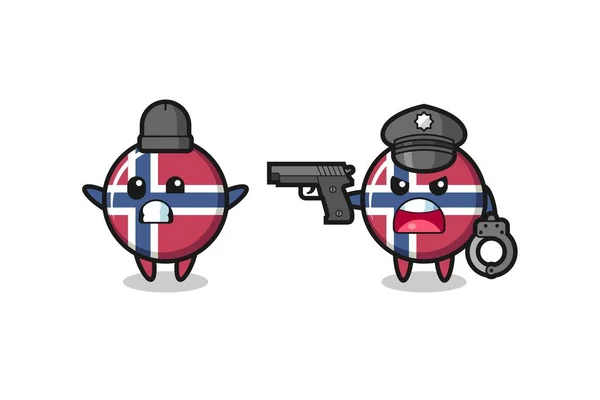 Illustration Norway Flag Badge Robber Hands Pose Caught Police Cute — 스톡 벡터