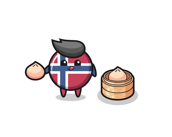 Χαριτωμένο Norway Σημαία Χαρακτήρα Τρώγοντας Ψωμάκια Ατμού Χαριτωμένο Σχεδιασμό Στυλ — Διανυσματικό Αρχείο