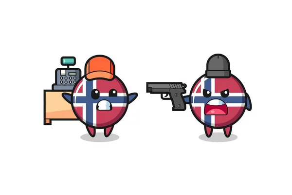 Illustration Cute Norway Flag Badge Cashier Pointed Gun Robber Cute —  Vetores de Stock