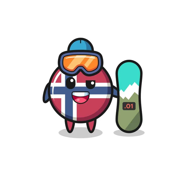 Illustration Norway Flag Badge Character Snowboarding Style Cute Style Design — Vetor de Stock