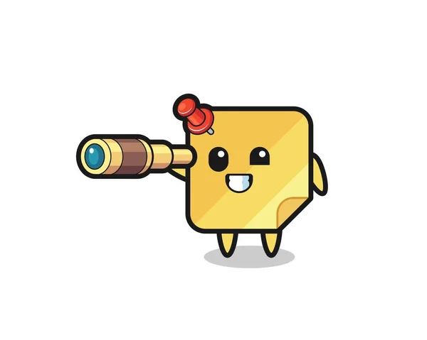 Cute Sticky Notes Character Holding Old Telescope Cute Style Design — Wektor stockowy