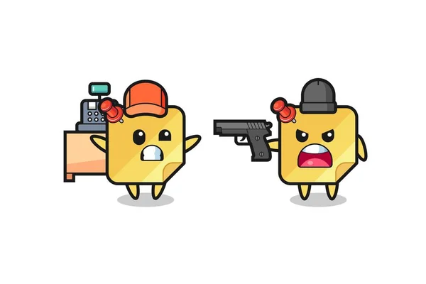 Illustration Cute Sticky Notes Cashier Pointed Gun Robber Cute Style — Stockový vektor