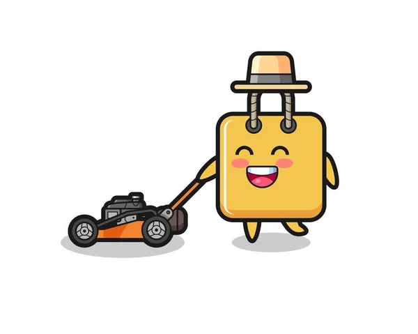 Illustration Shopping Bag Character Using Lawn Mower Cute Style Design — Stockový vektor
