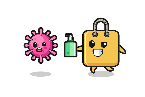 Illustration Shopping Bag Character Chasing Evil Virus Hand Sanitizer Cute — Vector de stock