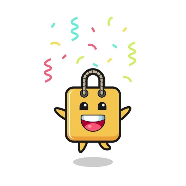 Happy Shopping Bag Mascot Jumping Congratulation Colour Confetti Cute Style — Image vectorielle