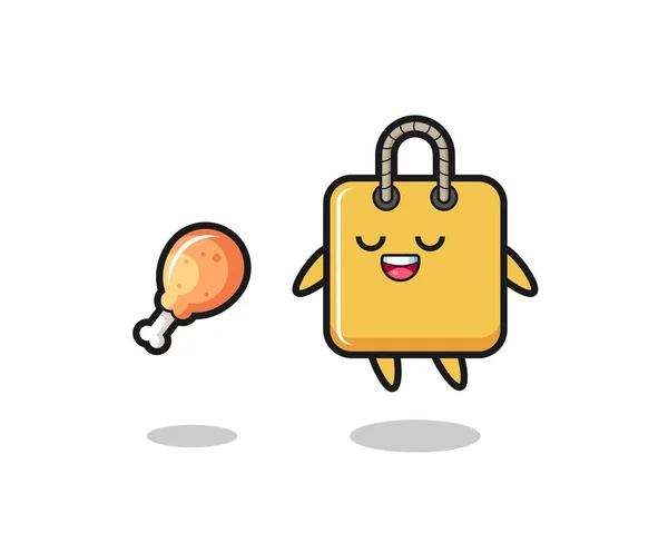 Cute Shopping Bag Floating Tempted Because Fried Chicken Cute Style — 스톡 벡터