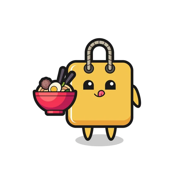 Cute Shopping Bag Character Eating Noodles Cute Style Design Shirt — Vettoriale Stock