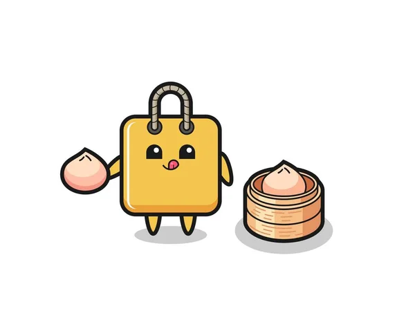 Cute Shopping Bag Character Eating Steamed Buns Cute Style Design — Vetor de Stock