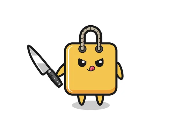 Cute Shopping Bag Mascot Psychopath Holding Knife Cute Style Design — Image vectorielle