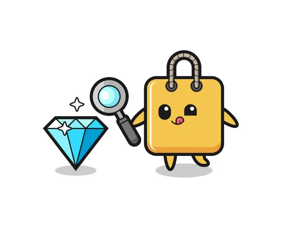 Shopping Bag Mascot Checking Authenticity Diamond Cute Style Design Shirt — Image vectorielle