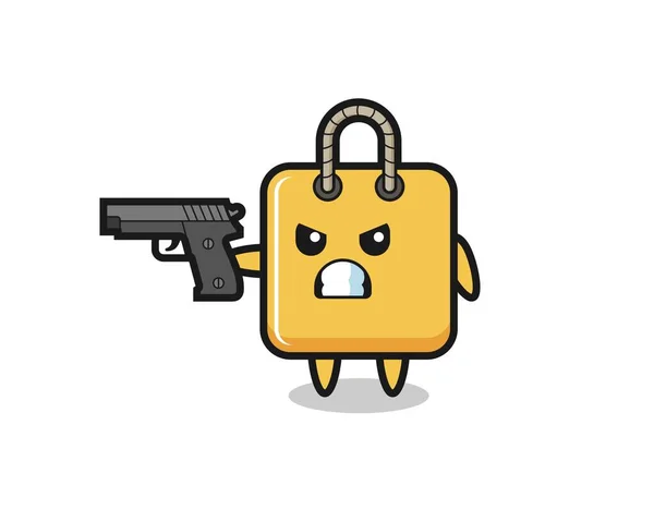 Χαριτωμένο Shopping Bag Shoot Χαρακτήρα Ένα Όπλο Χαριτωμένο Σχεδιασμό Στυλ — Διανυσματικό Αρχείο