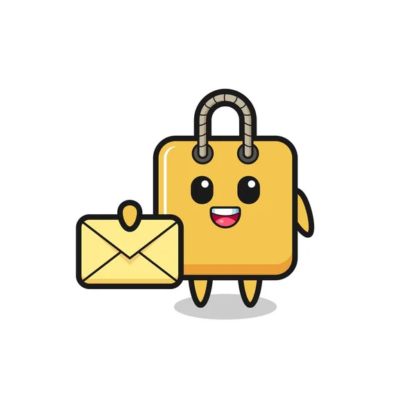 Cartoon Illustration Shopping Bag Holding Yellow Letter Cute Style Design — Vetor de Stock