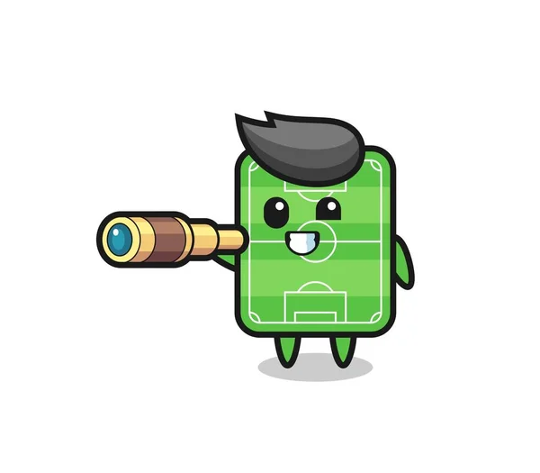 Cute Football Field Character Holding Old Telescope Cute Style Design — Archivo Imágenes Vectoriales