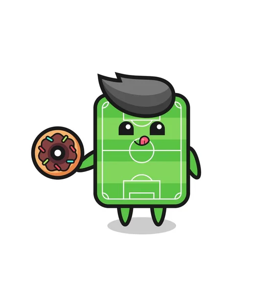 Illustration Football Field Character Eating Doughnut Cute Style Design Shirt — Image vectorielle