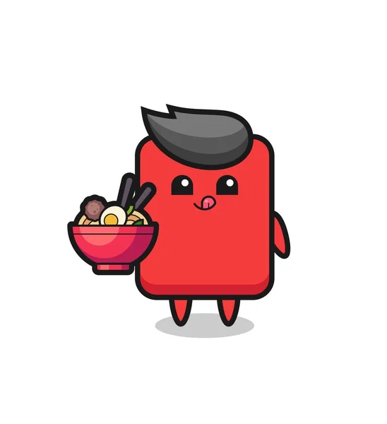 Cute Red Card Character Eating Noodles Cute Style Design Shirt — Archivo Imágenes Vectoriales