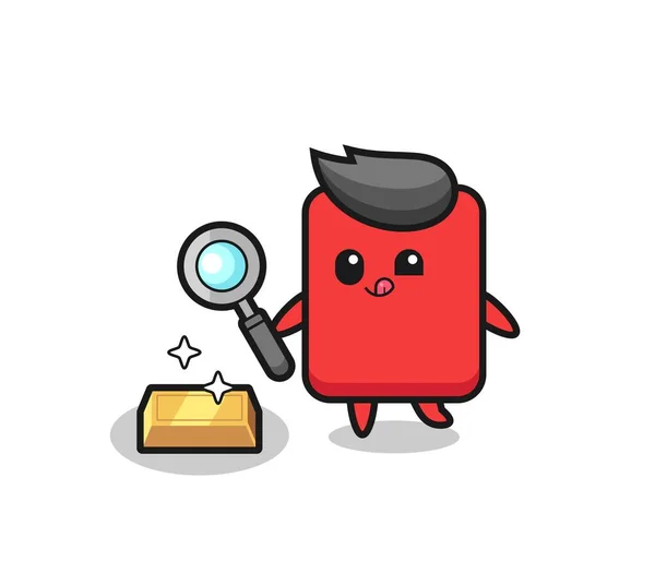 Red Card Character Checking Authenticity Gold Bullion Cute Style Design — Stok Vektör