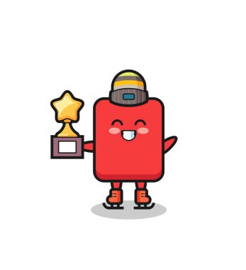 red card cartoon as an ice skating player hold winner trophy , cute style design for t shirt, sticker, logo element