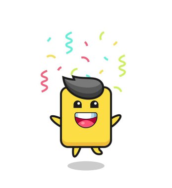 happy yellow card mascot jumping for congratulation with colour confetti , cute style design for t shirt, sticker, logo element