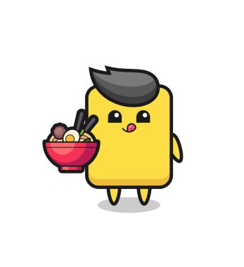 cute yellow card character eating noodles , cute style design for t shirt, sticker, logo element