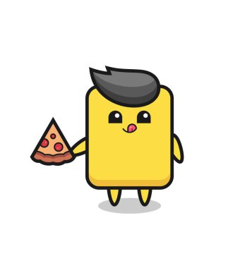 cute yellow card cartoon eating pizza , cute style design for t shirt, sticker, logo element