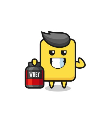 the muscular yellow card character is holding a protein supplement , cute style design for t shirt, sticker, logo element
