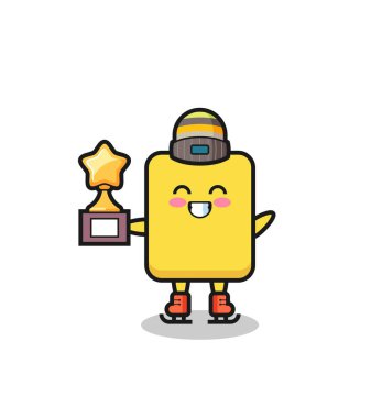 yellow card cartoon as an ice skating player hold winner trophy , cute style design for t shirt, sticker, logo element