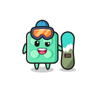 Illustration of brick toy character with snowboarding style , cute style design for t shirt, sticker, logo element