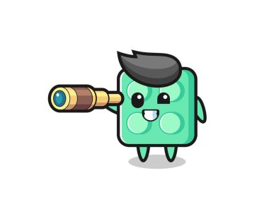 cute brick toy character is holding an old telescope , cute style design for t shirt, sticker, logo element