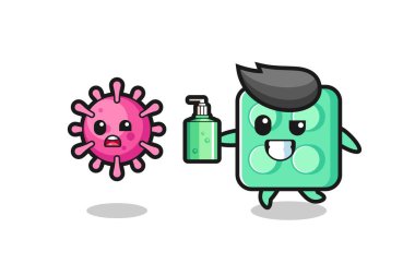 illustration of brick toy character chasing evil virus with hand sanitizer , cute style design for t shirt, sticker, logo element