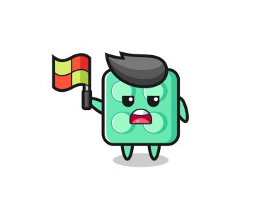 brick toy character as line judge putting the flag up , cute style design for t shirt, sticker, logo element