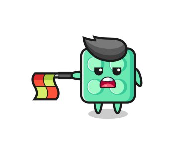 brick toy character as line judge hold the flag straight horizontally , cute style design for t shirt, sticker, logo element