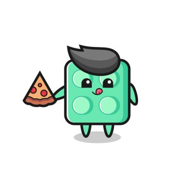cute brick toy cartoon eating pizza , cute style design for t shirt, sticker, logo element